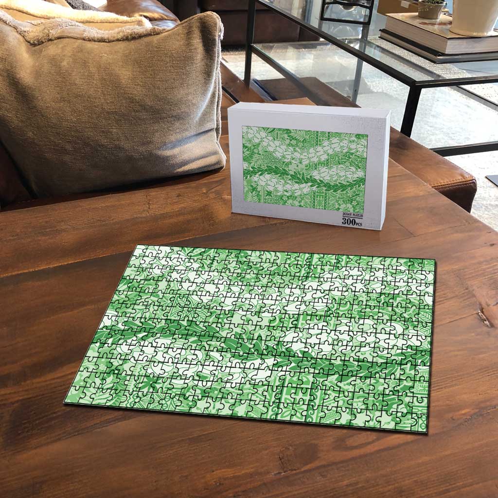 Green Puakenikeni and Maile Lei Puzzle Hawaiian Style Tribal Tapa Double Strand Lei - Polynesian Pride