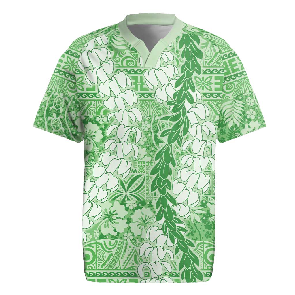 Green Puakenikeni and Maile Lei Rugby Jersey Hawaiian Style Tribal Tapa Double Strand Lei