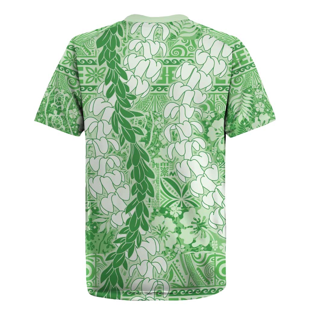 Green Puakenikeni and Maile Lei Rugby Jersey Hawaiian Style Tribal Tapa Double Strand Lei