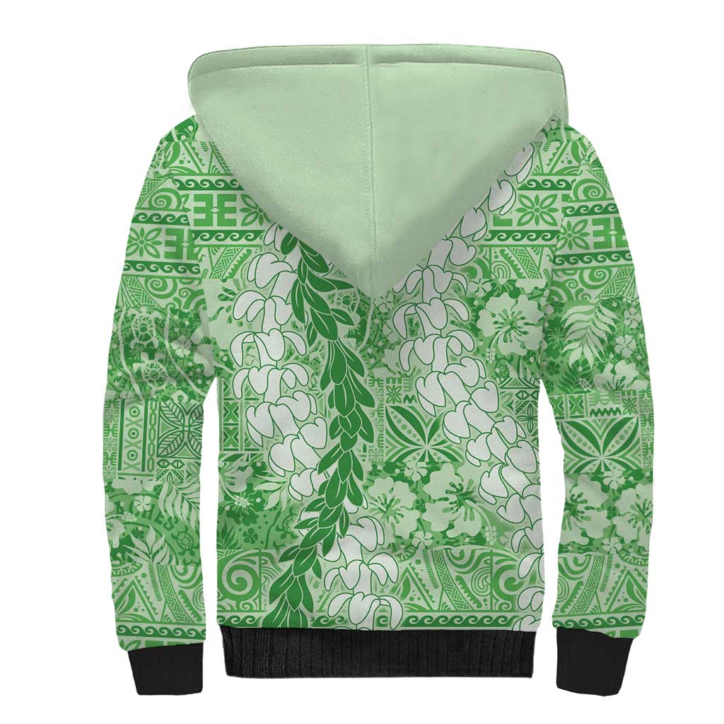 Green Puakenikeni and Maile Lei Sherpa Hoodie Hawaiian Style Tribal Tapa Double Strand Lei