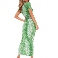 Green Puakenikeni and Maile Lei Short Sleeve Bodycon Dress Hawaiian Style Tribal Tapa Double Strand Lei