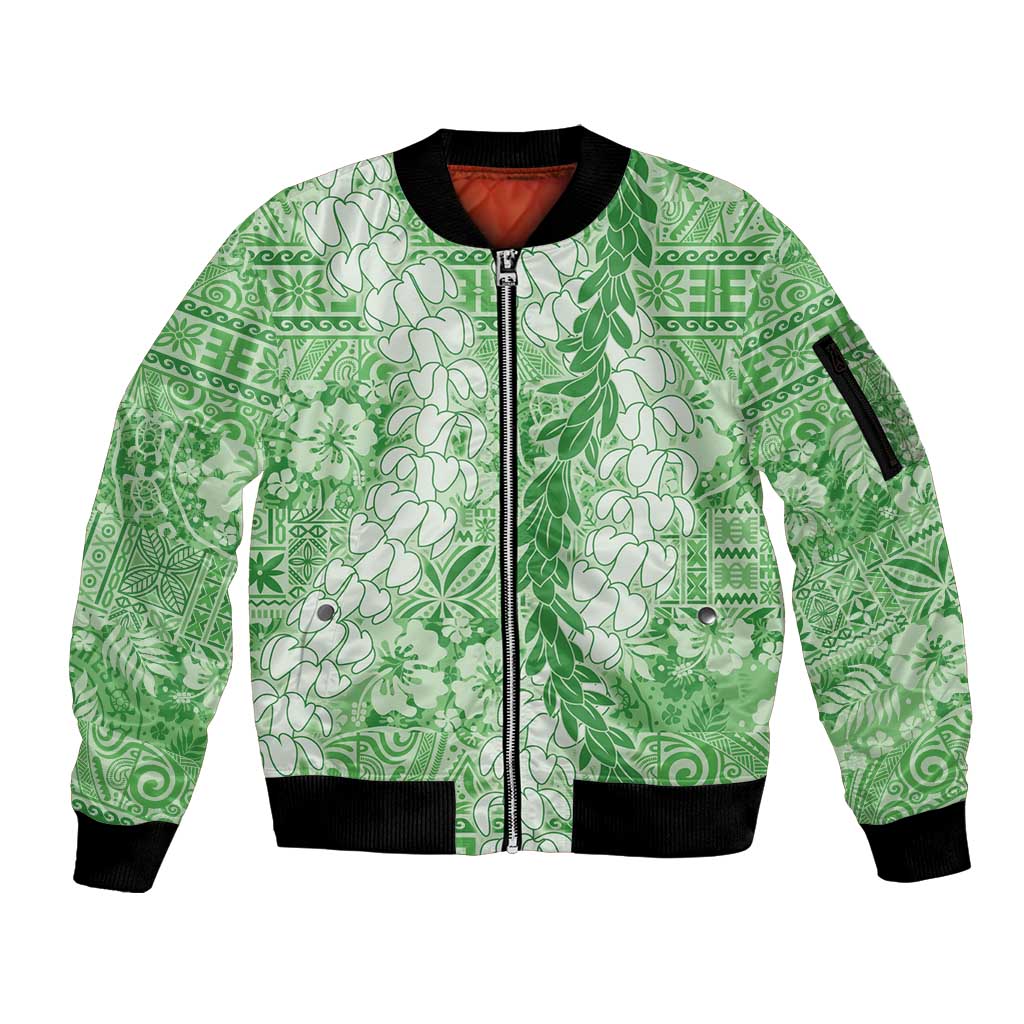 Green Puakenikeni and Maile Lei Sleeve Zip Bomber Jacket Hawaiian Style Tribal Tapa Double Strand Lei