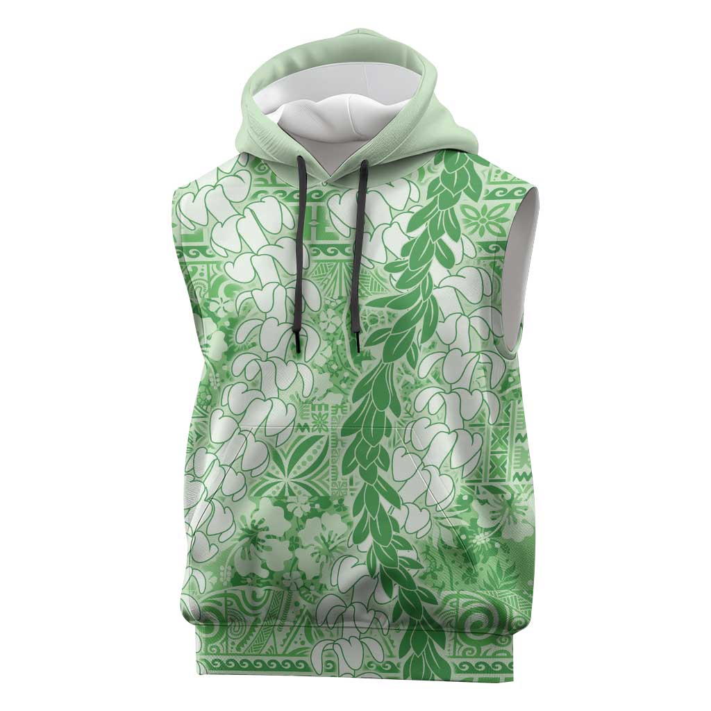 Green Puakenikeni and Maile Lei Sleeveless Hoodie Hawaiian Style Tribal Tapa Double Strand Lei - Polynesian Pride