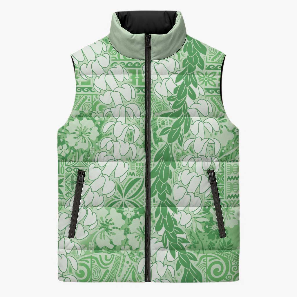 Green Puakenikeni and Maile Lei Sleeveless Puffer Jacket Hawaiian Style Tribal Tapa Double Strand Lei - Polynesian Pride