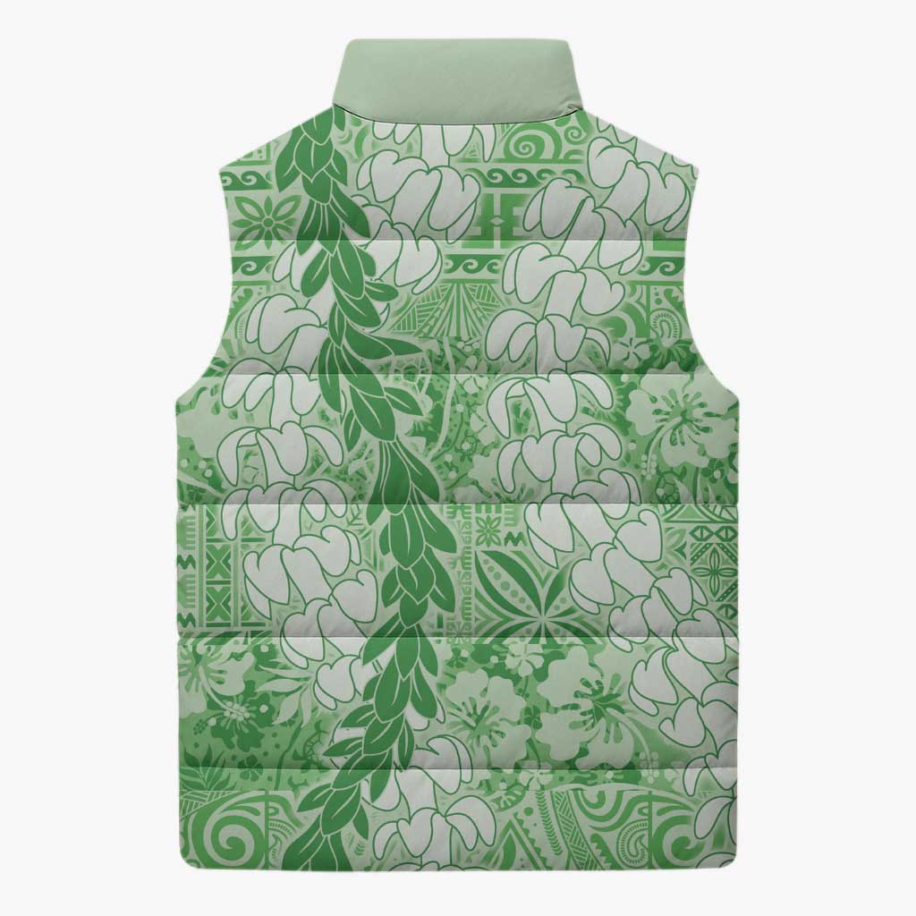 Green Puakenikeni and Maile Lei Sleeveless Puffer Jacket Hawaiian Style Tribal Tapa Double Strand Lei - Polynesian Pride