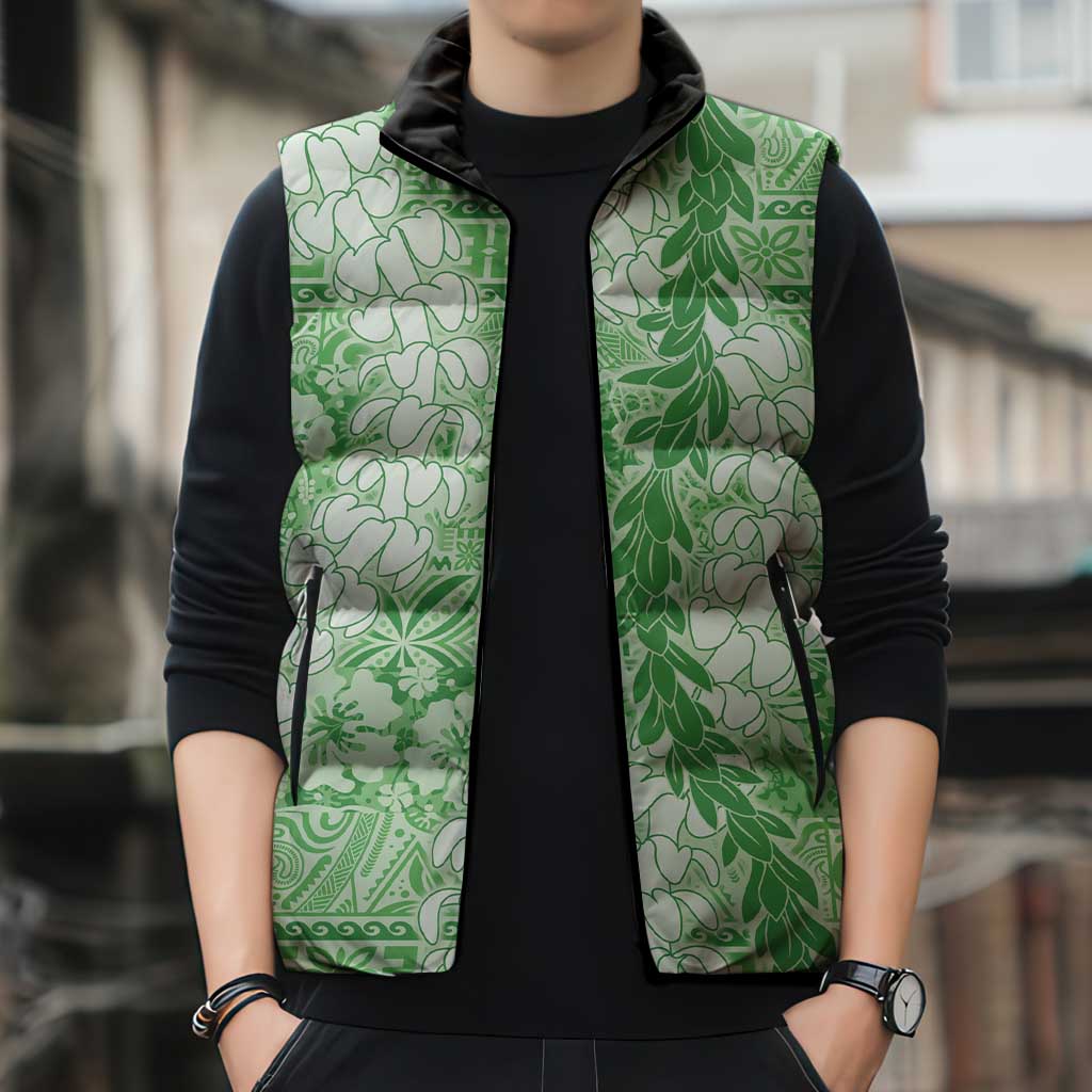 Green Puakenikeni and Maile Lei Sleeveless Puffer Jacket Hawaiian Style Tribal Tapa Double Strand Lei - Polynesian Pride
