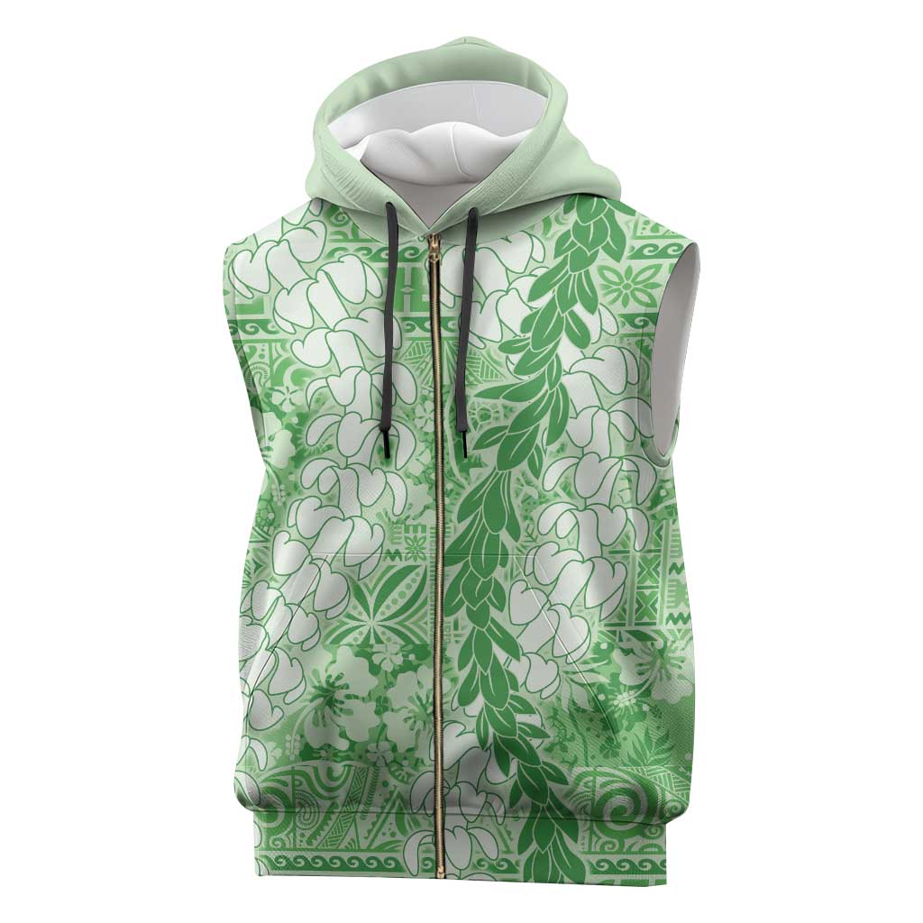 Green Puakenikeni and Maile Lei Sleeveless Zip Hoodie Hawaiian Style Tribal Tapa Double Strand Lei - Polynesian Pride