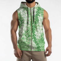 Green Puakenikeni and Maile Lei Sleeveless Zip Hoodie Hawaiian Style Tribal Tapa Double Strand Lei - Polynesian Pride