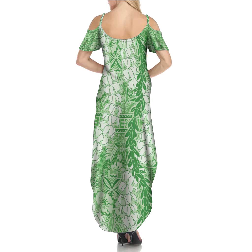 Green Puakenikeni and Maile Lei Summer Maxi Dress Hawaiian Style Tribal Tapa Double Strand Lei