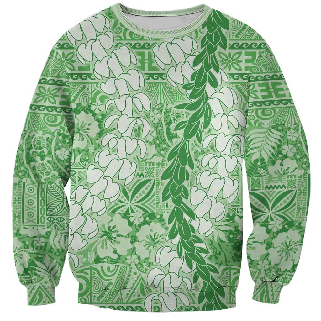 Green Puakenikeni and Maile Lei Sweatshirt Hawaiian Style Tribal Tapa Double Strand Lei