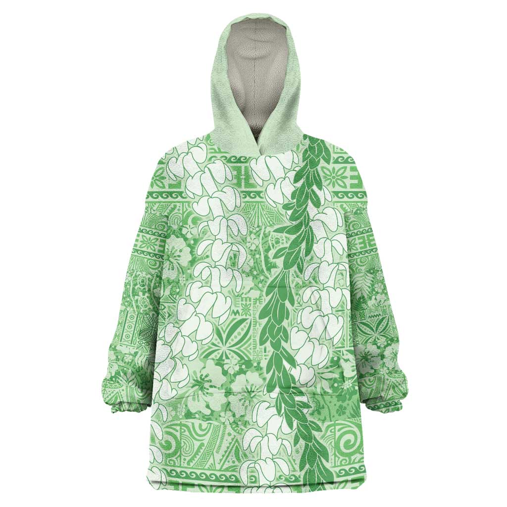 Green Puakenikeni and Maile Lei Wearable Blanket Hoodie Hawaiian Style Tribal Tapa Double Strand Lei