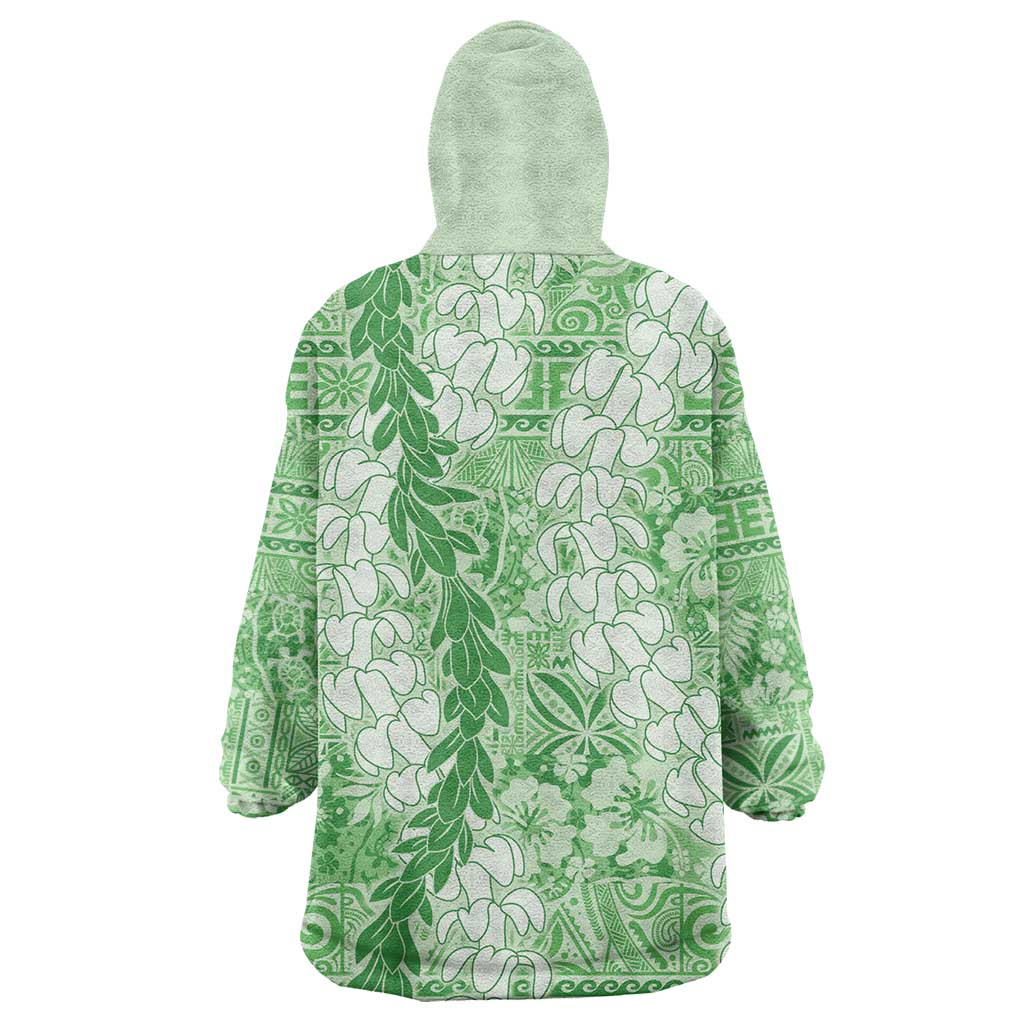 Green Puakenikeni and Maile Lei Wearable Blanket Hoodie Hawaiian Style Tribal Tapa Double Strand Lei