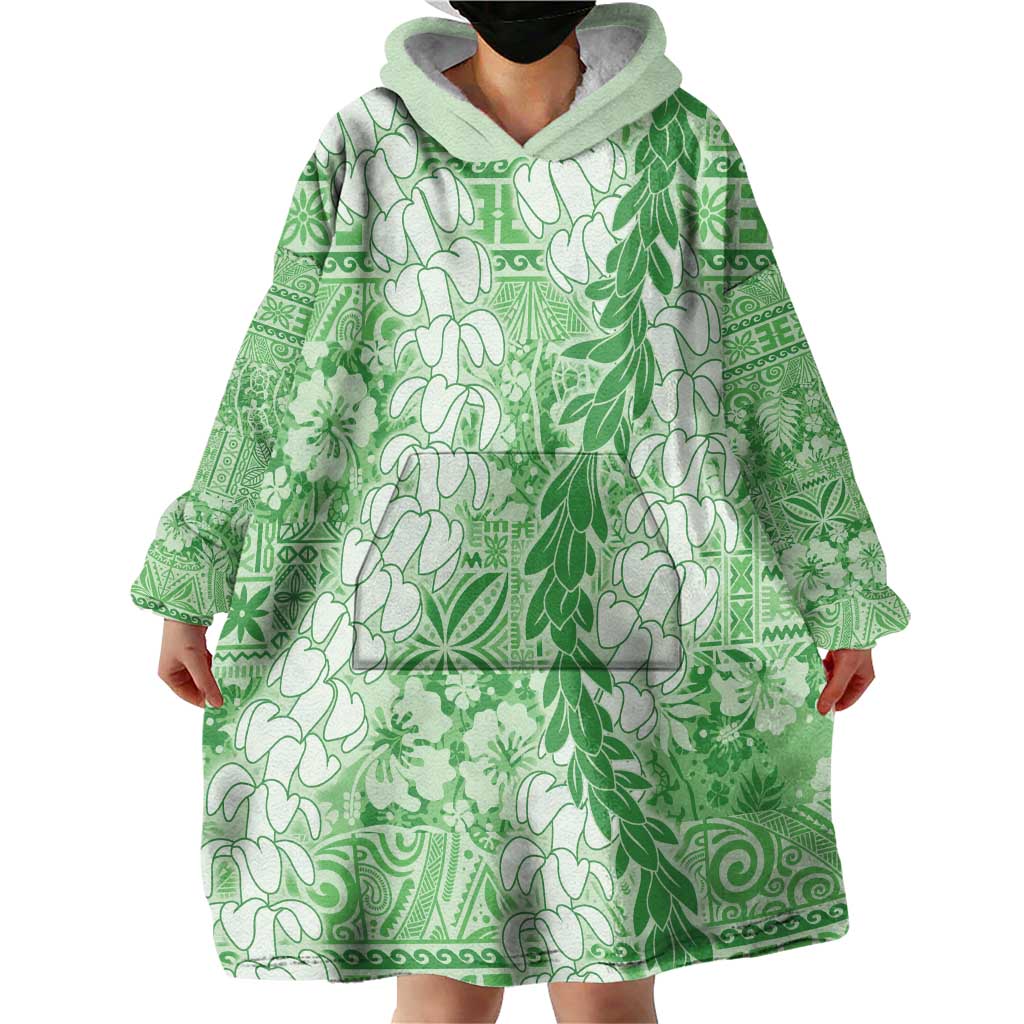 Green Puakenikeni and Maile Lei Wearable Blanket Hoodie Hawaiian Style Tribal Tapa Double Strand Lei