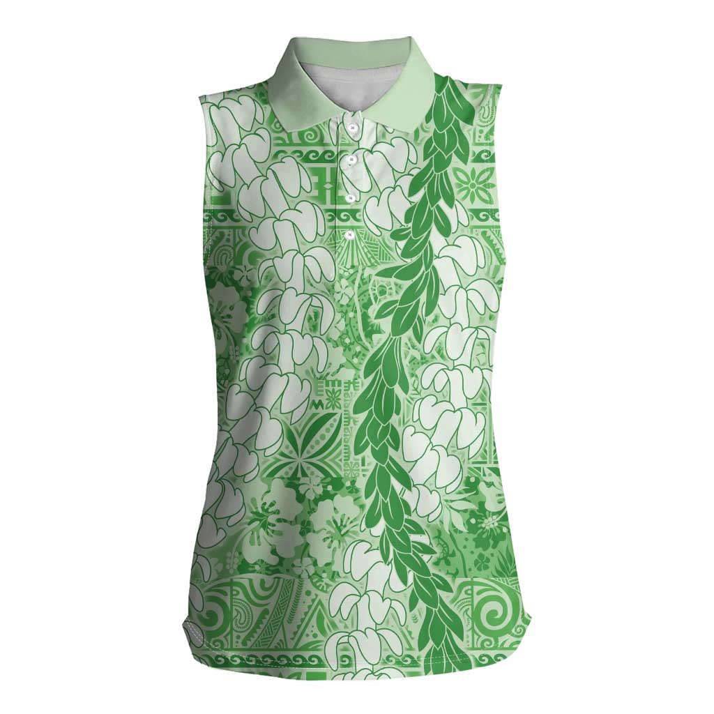 Green Puakenikeni and Maile Lei Women Sleeveless Polo Shirt Hawaiian Style Tribal Tapa Double Strand Lei