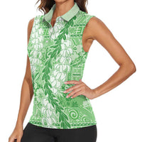 Green Puakenikeni and Maile Lei Women Sleeveless Polo Shirt Hawaiian Style Tribal Tapa Double Strand Lei
