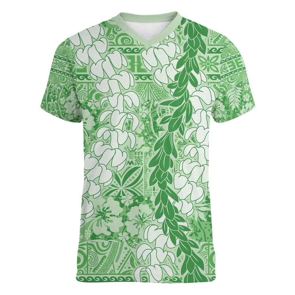Green Puakenikeni and Maile Lei Women V-Neck T-Shirt Hawaiian Style Tribal Tapa Double Strand Lei