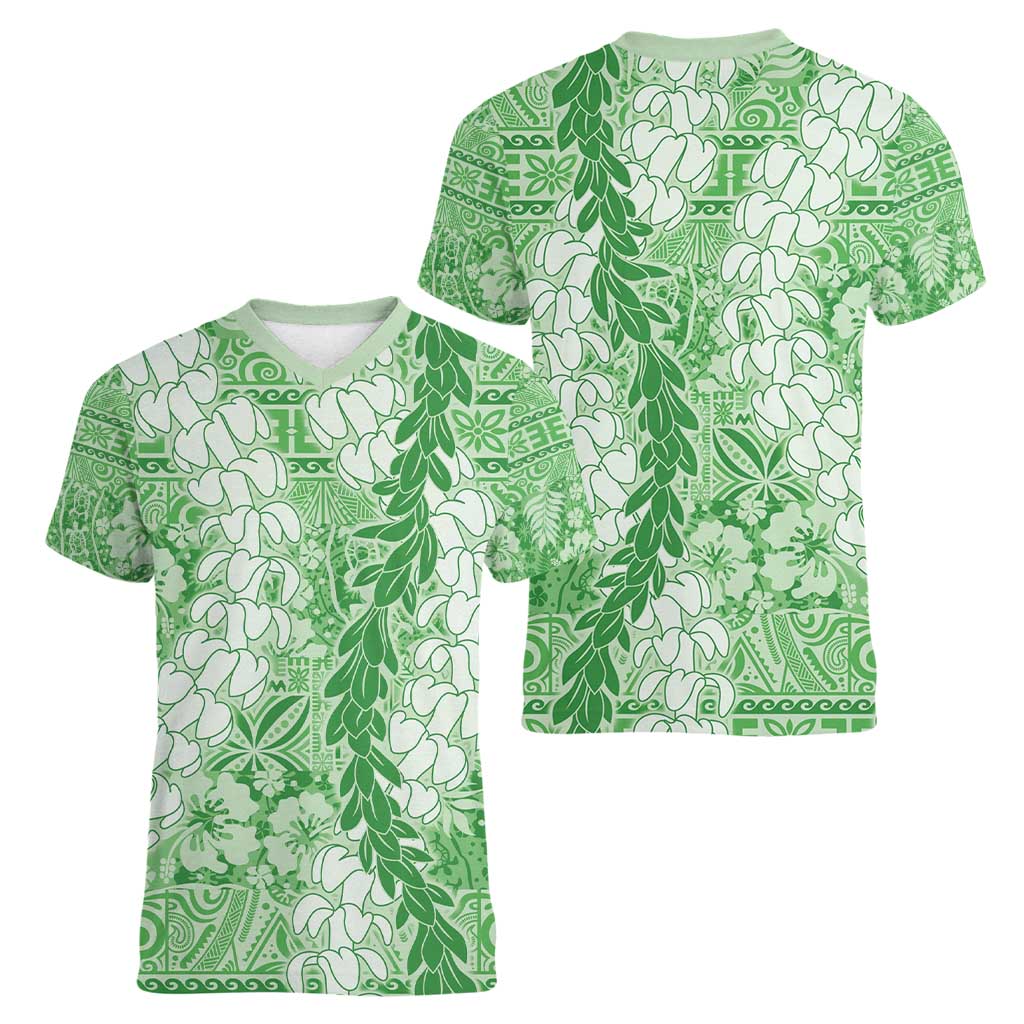 Green Puakenikeni and Maile Lei Women V-Neck T-Shirt Hawaiian Style Tribal Tapa Double Strand Lei