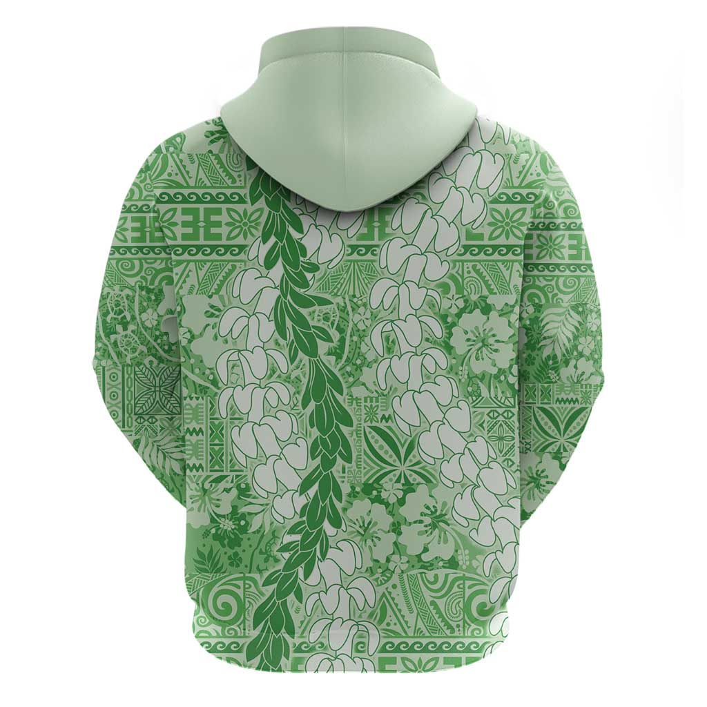 Green Puakenikeni and Maile Lei Zip Hoodie Hawaiian Style Tribal Tapa Double Strand Lei