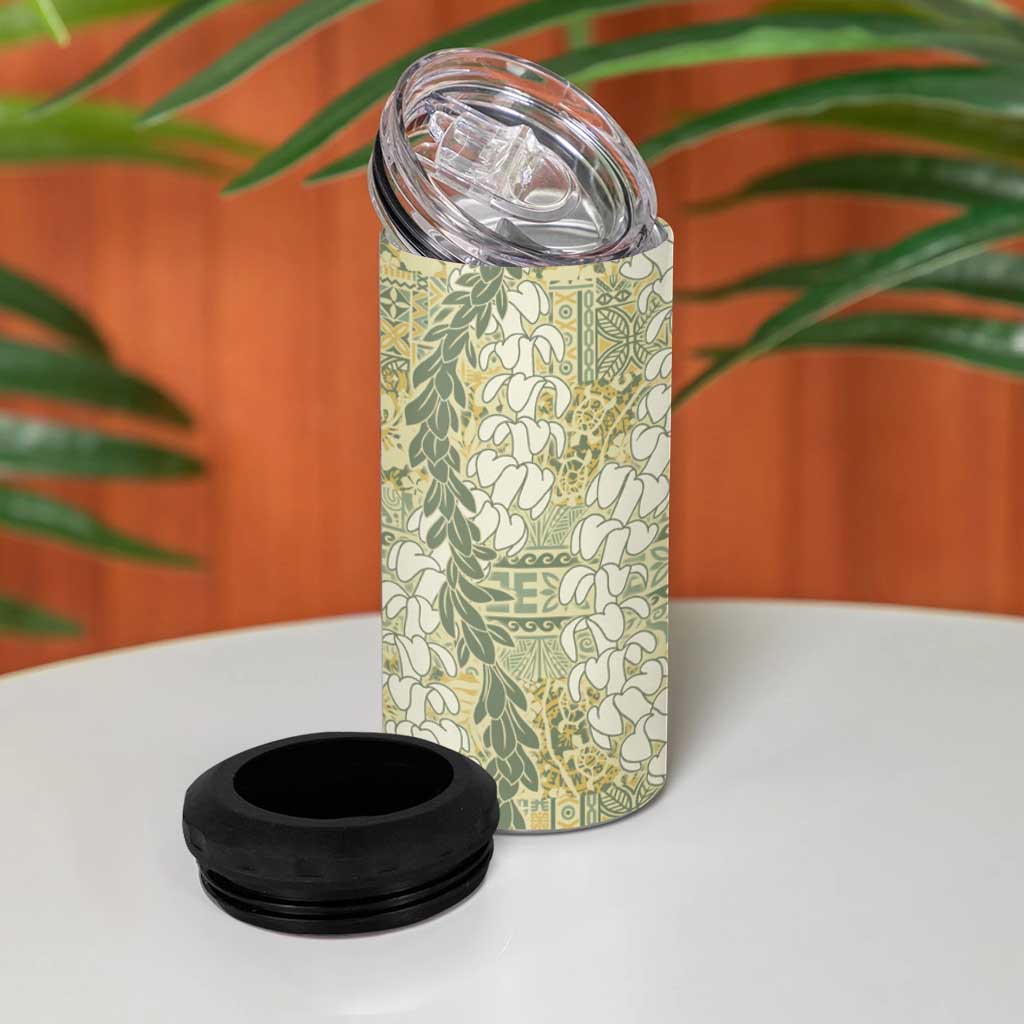 Vintage Puakenikeni and Maile Lei 4 in 1 Can Cooler Tumbler Hawaiian Style Tribal Tapa Double Strand Lei