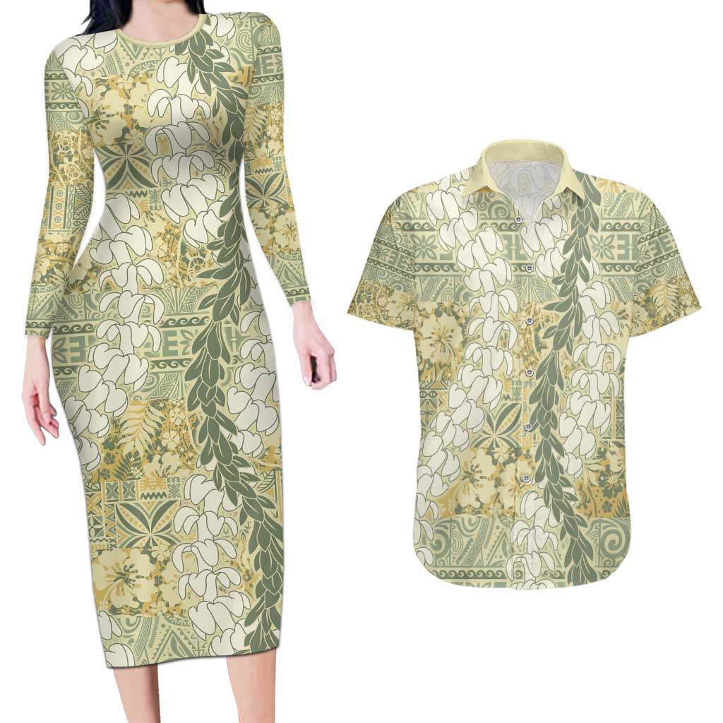 Vintage Puakenikeni and Maile Lei Couples Matching Long Sleeve Bodycon Dress and Hawaiian Shirt Hawaiian Style Tribal Tapa Double Strand Lei