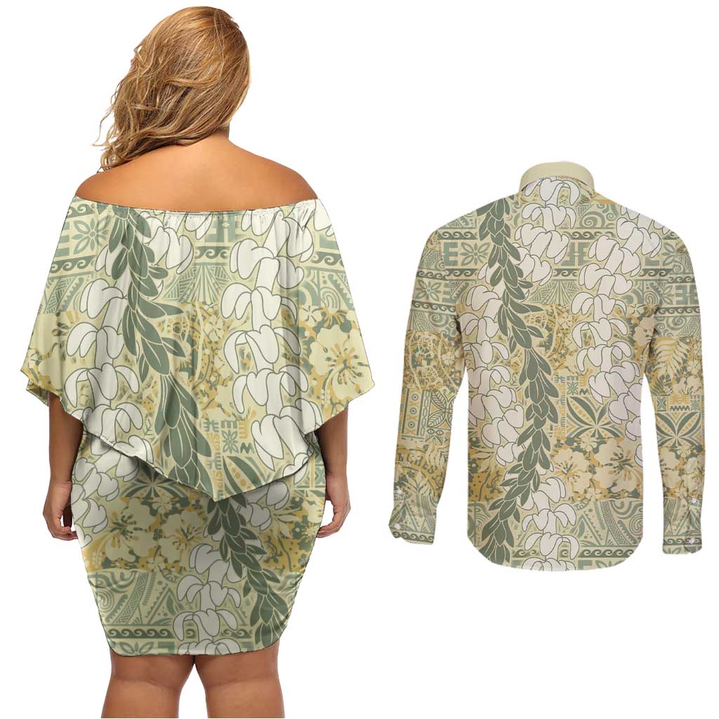 Vintage Puakenikeni and Maile Lei Couples Matching Off Shoulder Short Dress and Long Sleeve Button Shirt Hawaiian Style Tribal Tapa Double Strand Lei