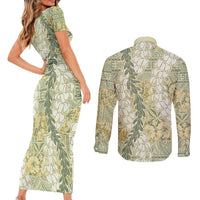 Vintage Puakenikeni and Maile Lei Couples Matching Short Sleeve Bodycon Dress and Long Sleeve Button Shirt Hawaiian Style Tribal Tapa Double Strand Lei