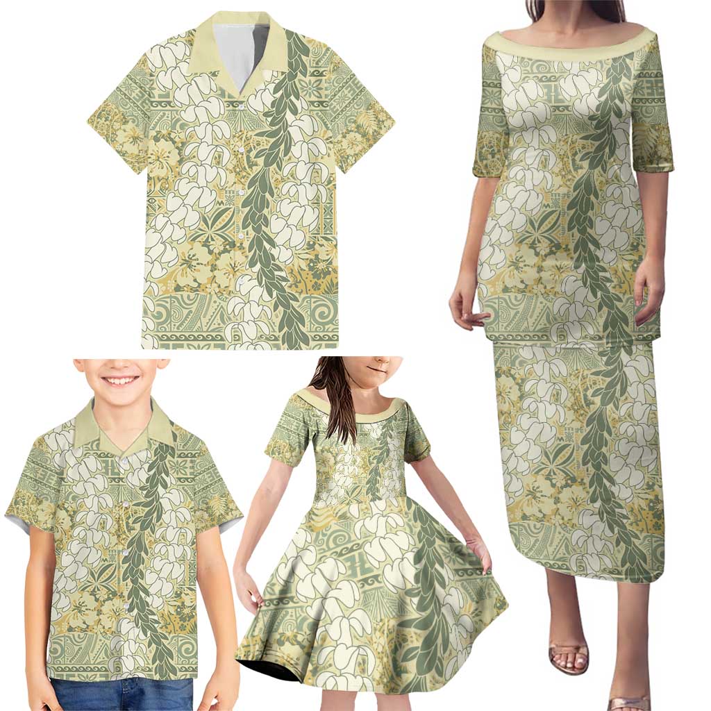 Vintage Puakenikeni and Maile Lei Family Matching Puletasi and Hawaiian Shirt Hawaiian Style Tribal Tapa Double Strand Lei