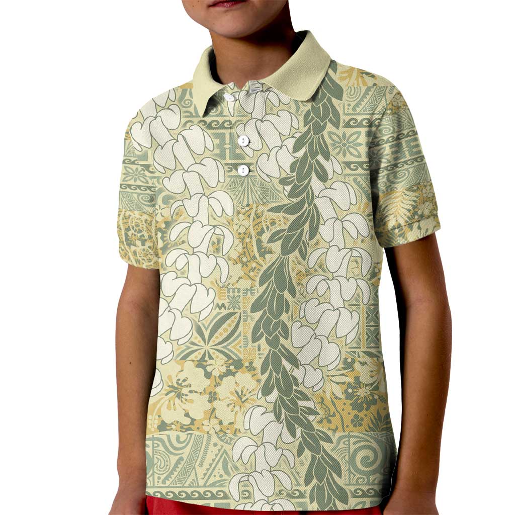 Vintage Puakenikeni and Maile Lei Kid Polo Shirt Hawaiian Style Tribal Tapa Double Strand Lei