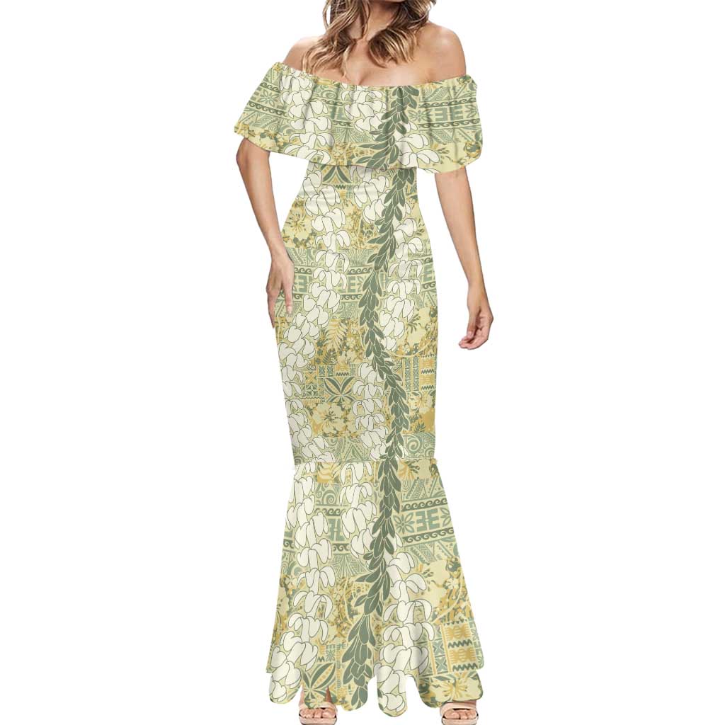 Vintage Puakenikeni and Maile Lei Mermaid Dress Hawaiian Style Tribal Tapa Double Strand Lei