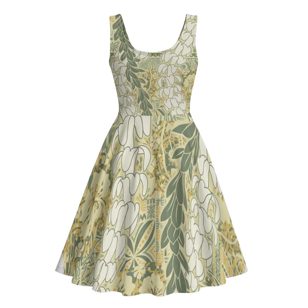 Vintage Puakenikeni and Maile Lei Midi Dress Hawaiian Style Tribal Tapa Double Strand Lei - Polynesian Pride