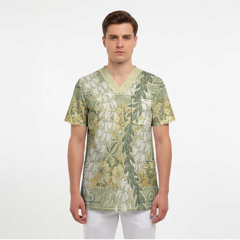 Vintage Puakenikeni and Maile Lei Scrub Top Hawaiian Style Tribal Tapa Double Strand Lei - Polynesian Pride