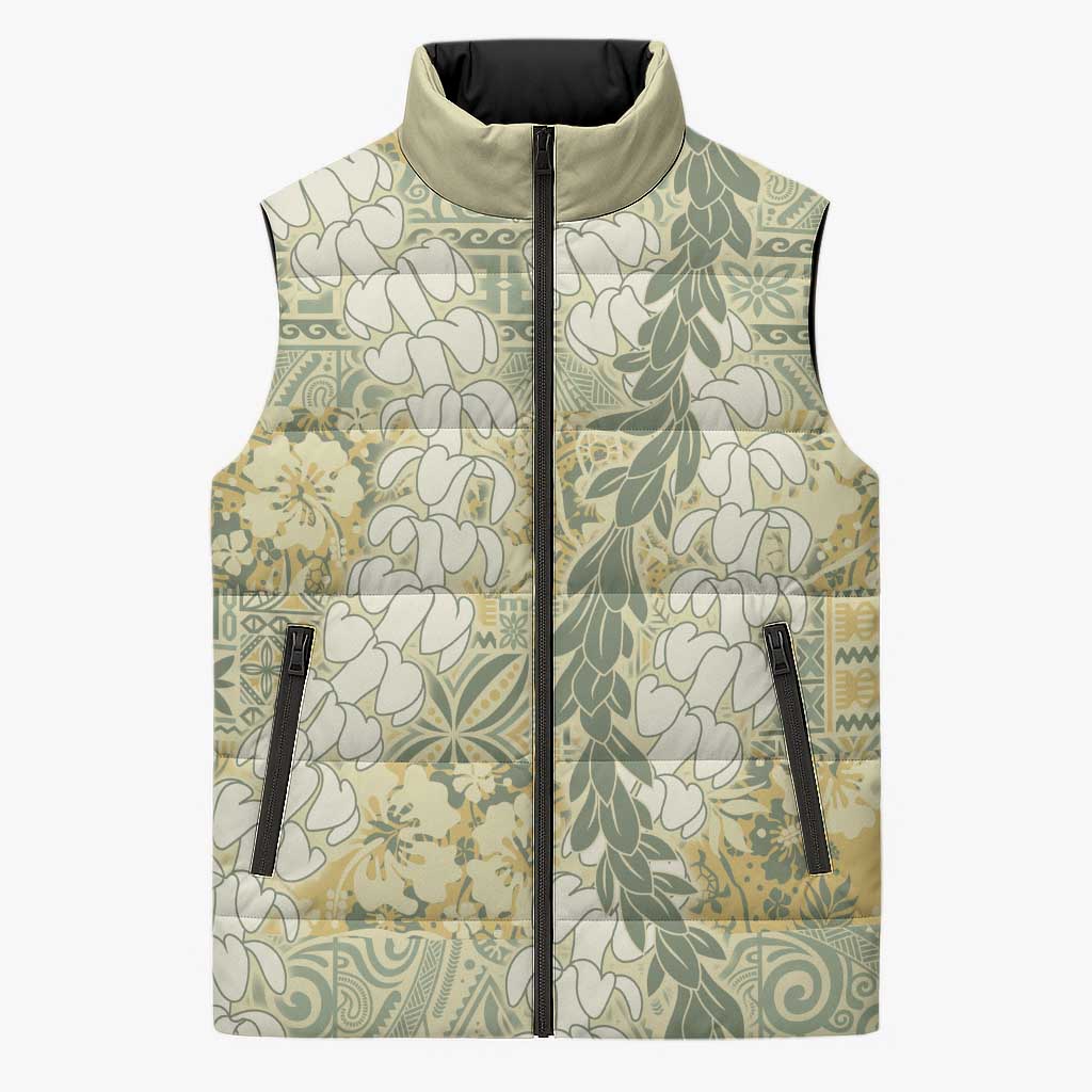 Vintage Puakenikeni and Maile Lei Sleeveless Puffer Jacket Hawaiian Style Tribal Tapa Double Strand Lei - Polynesian Pride