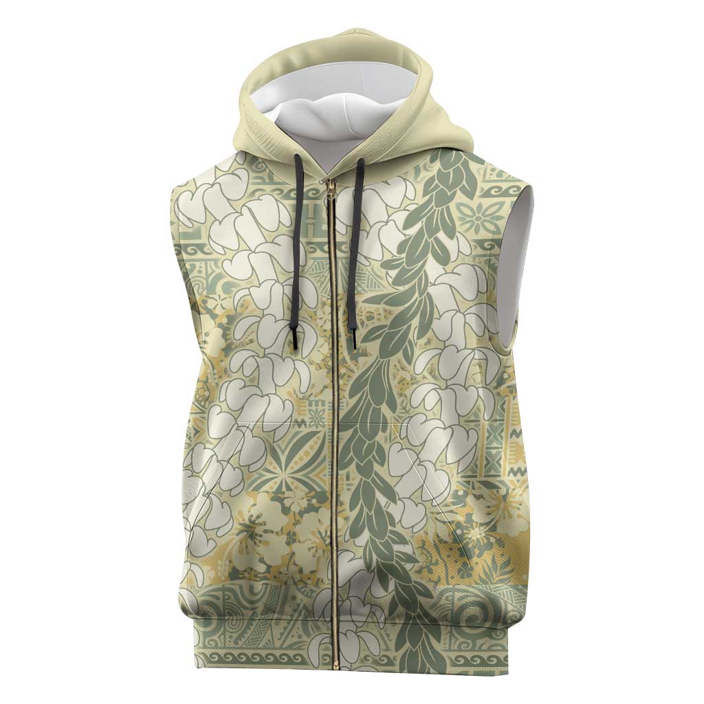 Vintage Puakenikeni and Maile Lei Sleeveless Zip Hoodie Hawaiian Style Tribal Tapa Double Strand Lei - Polynesian Pride