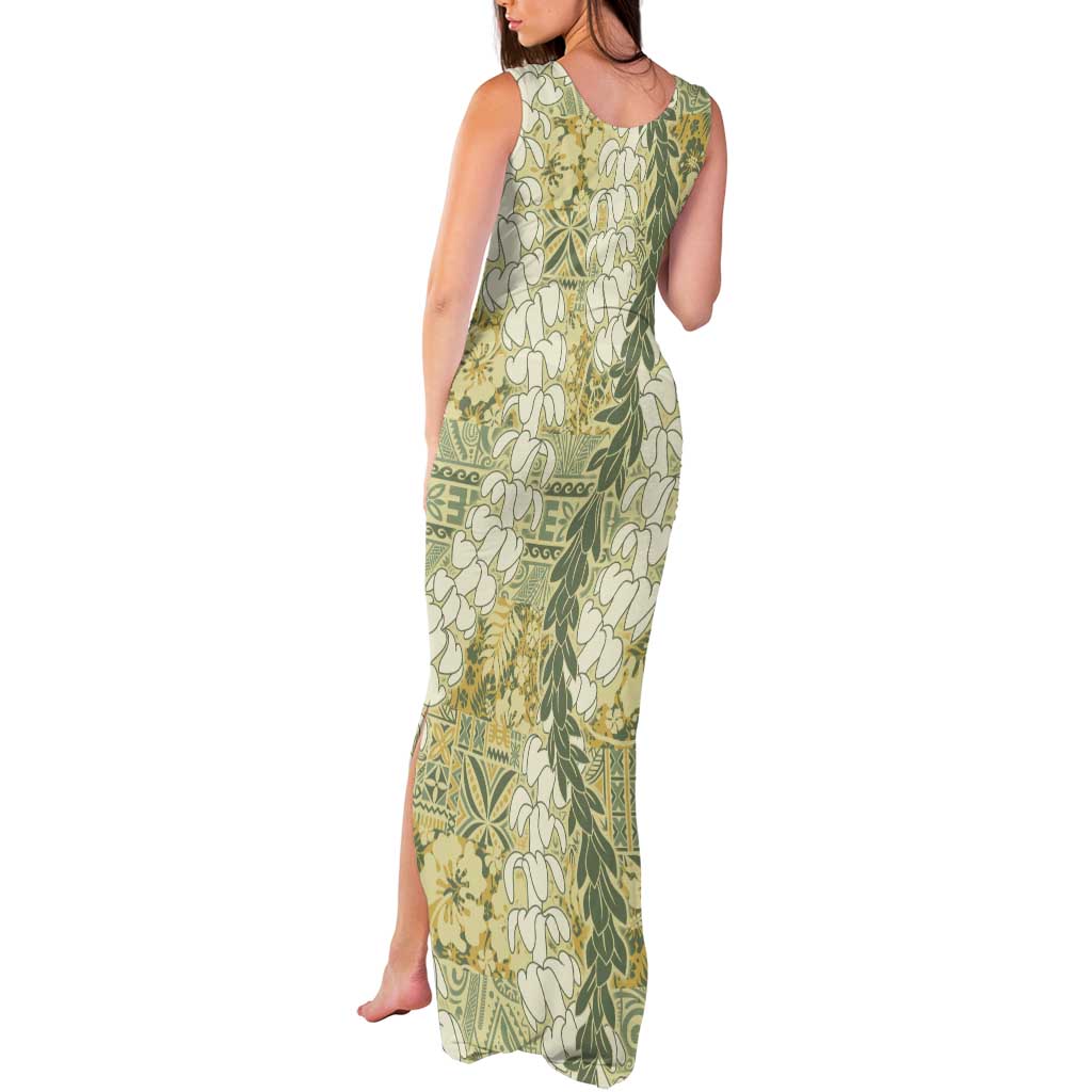Vintage Puakenikeni and Maile Lei Tank Maxi Dress Hawaiian Style Tribal Tapa Double Strand Lei