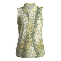 Vintage Puakenikeni and Maile Lei Women Sleeveless Polo Shirt Hawaiian Style Tribal Tapa Double Strand Lei