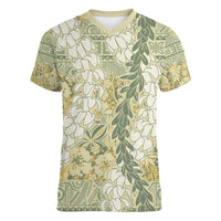 Vintage Puakenikeni and Maile Lei Women V-Neck T-Shirt Hawaiian Style Tribal Tapa Double Strand Lei