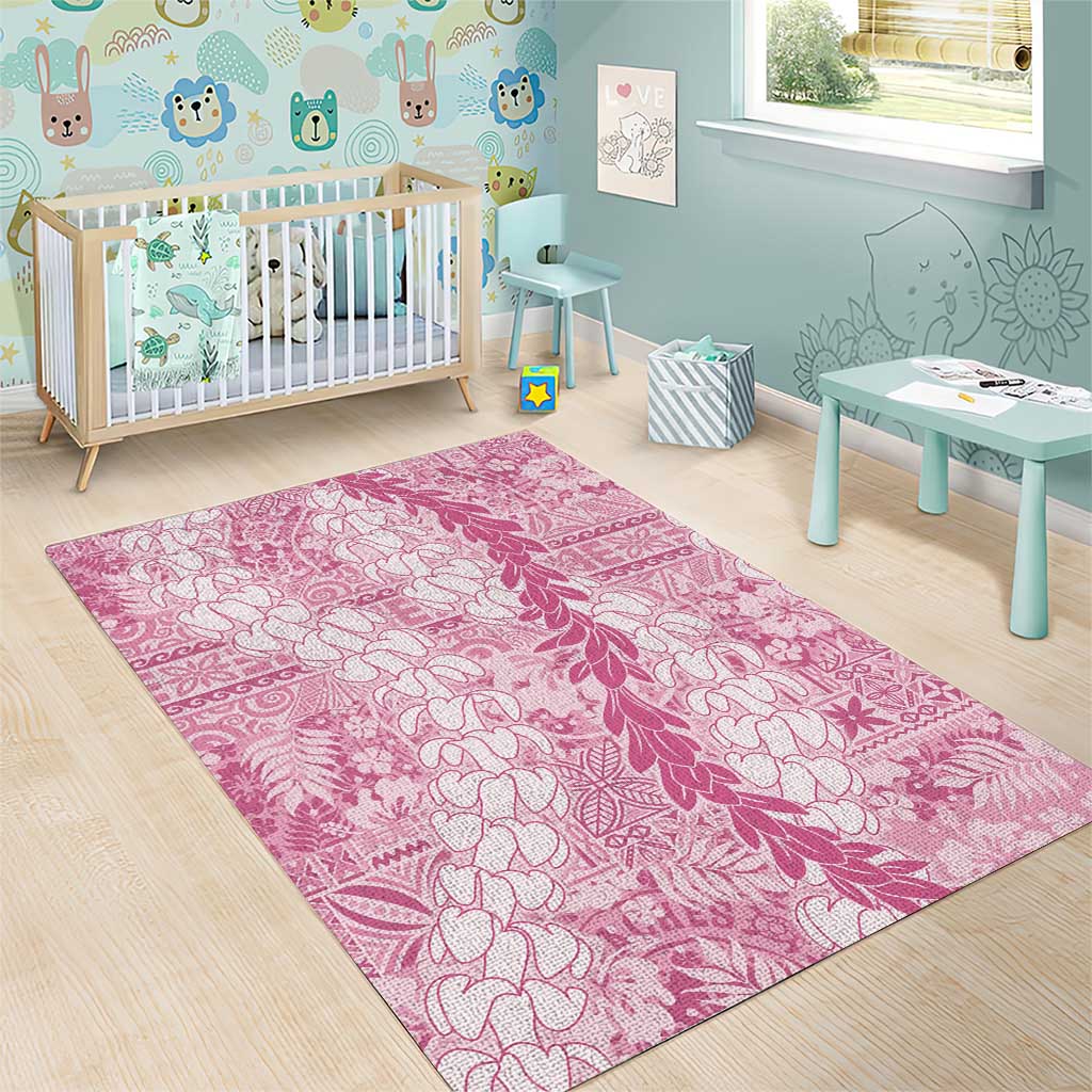 Pink Puakenikeni and Maile Lei Area Rug Hawaiian Style Tribal Tapa Double Strand Lei