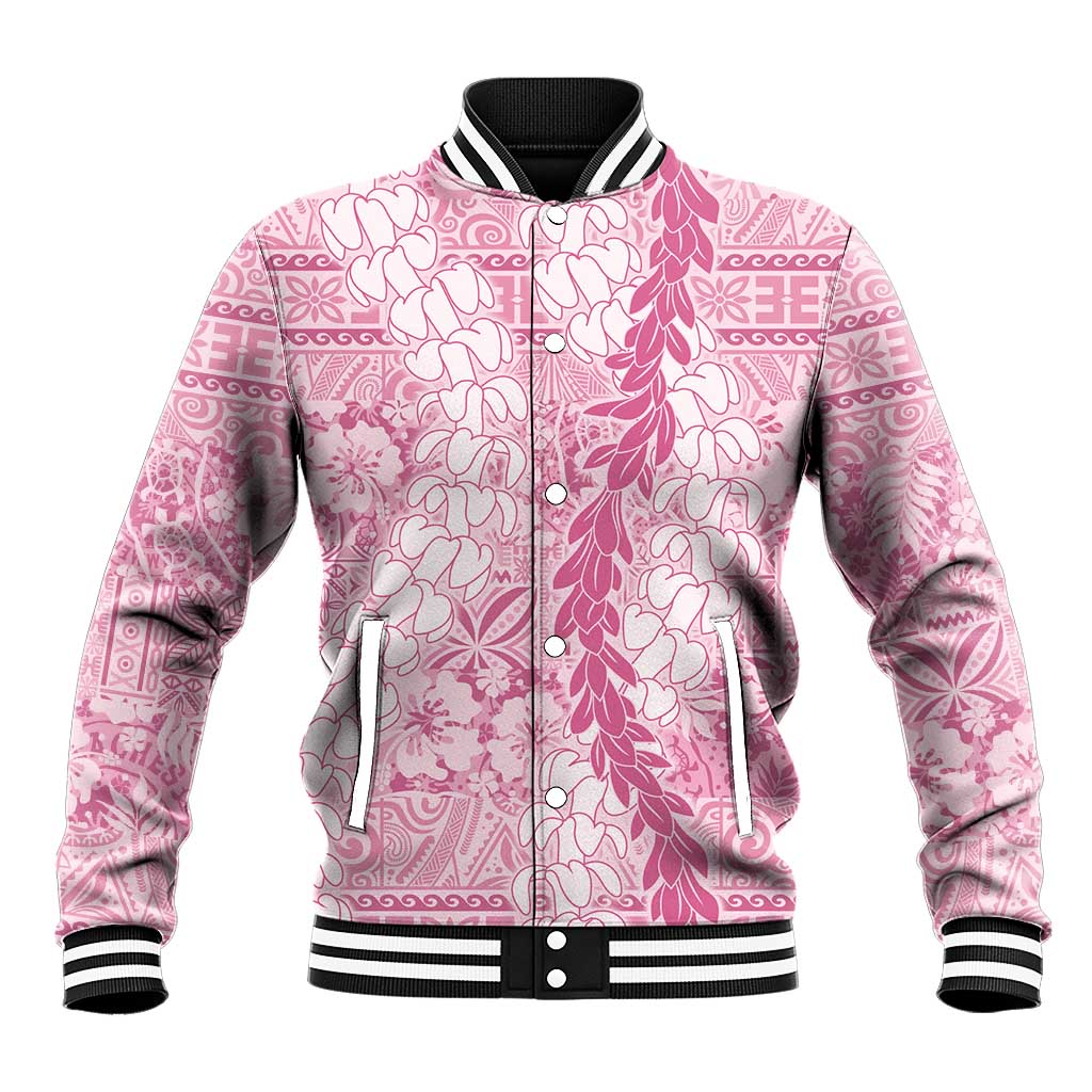 Pink Puakenikeni and Maile Lei Baseball Jacket Hawaiian Style Tribal Tapa Double Strand Lei