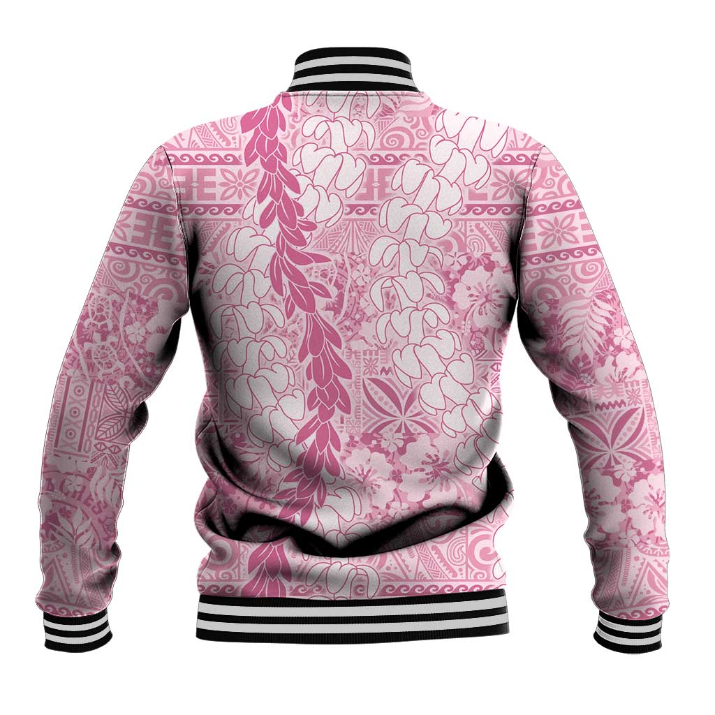 Pink Puakenikeni and Maile Lei Baseball Jacket Hawaiian Style Tribal Tapa Double Strand Lei