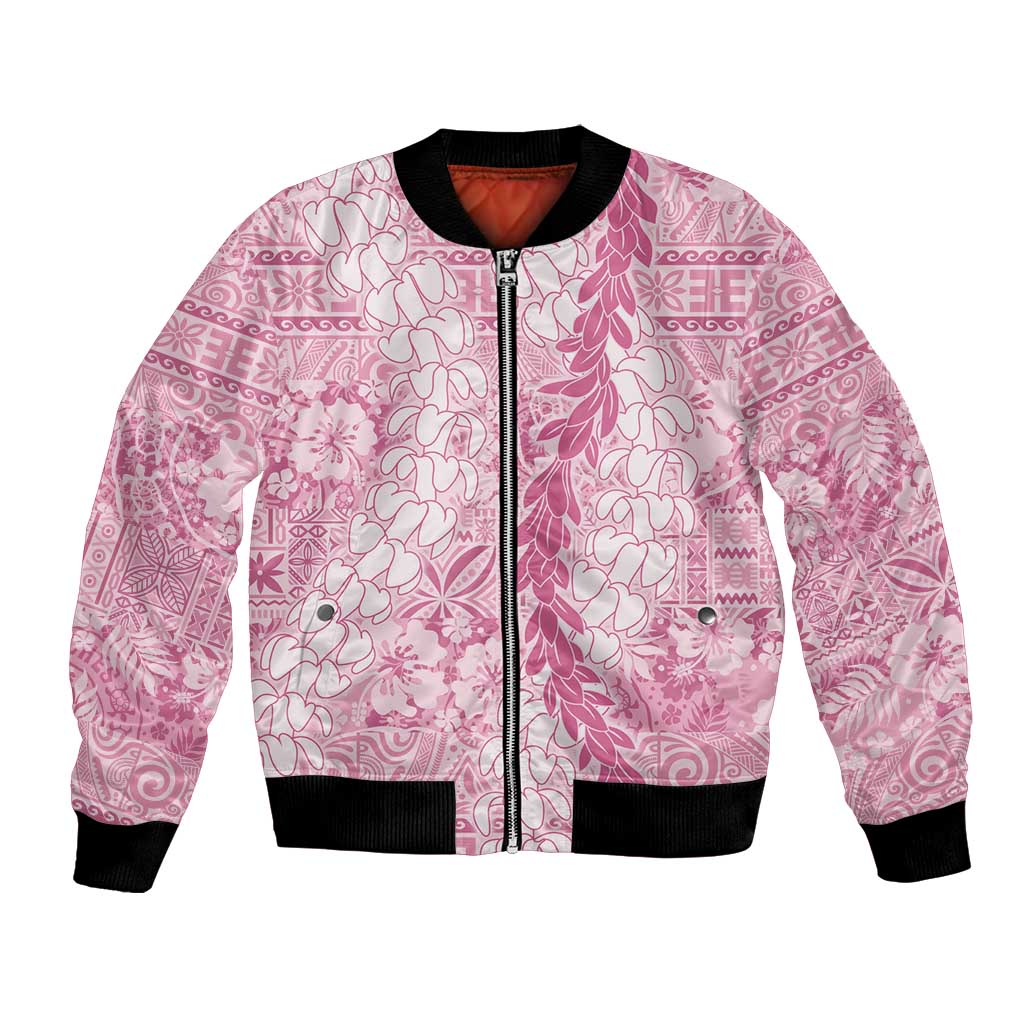 Pink Puakenikeni and Maile Lei Bomber Jacket Hawaiian Style Tribal Tapa Double Strand Lei