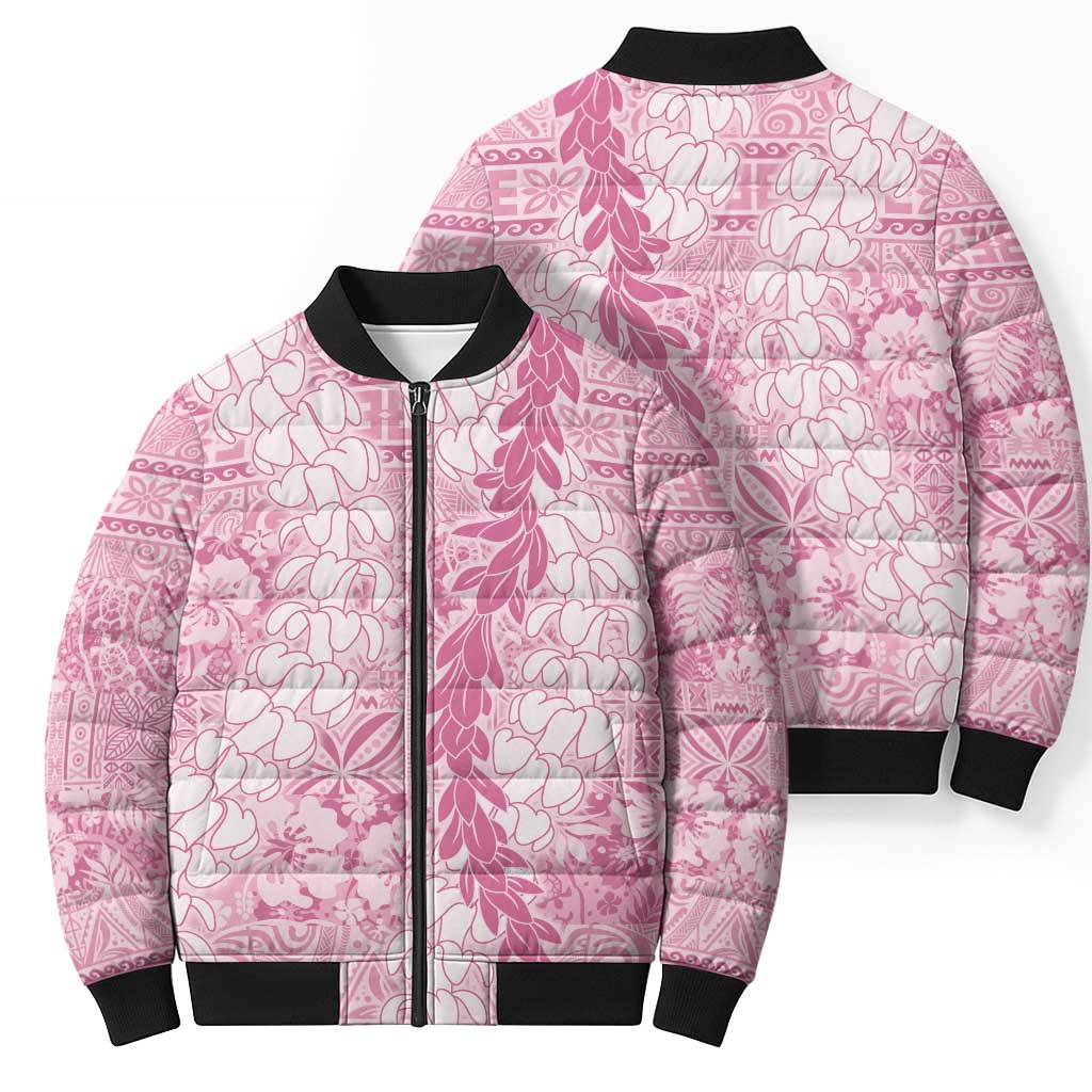Pink Puakenikeni and Maile Lei Bomber Puffer Jacket Hawaiian Style Tribal Tapa Double Strand Lei - Polynesian Pride