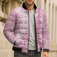 Pink Puakenikeni and Maile Lei Bomber Puffer Jacket Hawaiian Style Tribal Tapa Double Strand Lei - Polynesian Pride