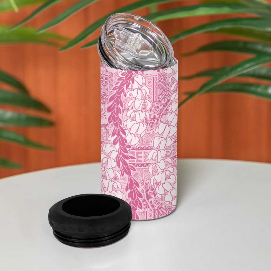 Pink Puakenikeni and Maile Lei 4 in 1 Can Cooler Tumbler Hawaiian Style Tribal Tapa Double Strand Lei