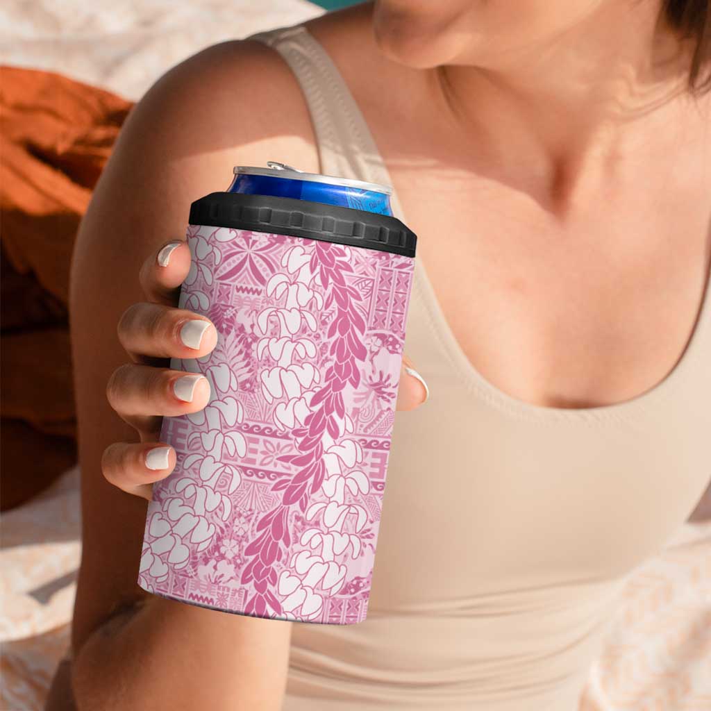 Pink Puakenikeni and Maile Lei 4 in 1 Can Cooler Tumbler Hawaiian Style Tribal Tapa Double Strand Lei