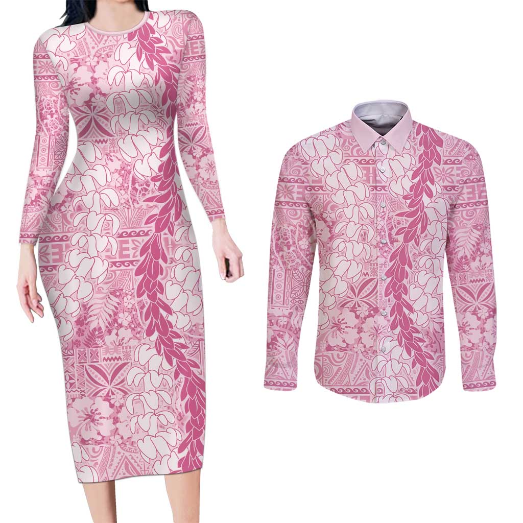 Pink Puakenikeni and Maile Lei Couples Matching Long Sleeve Bodycon Dress and Long Sleeve Button Shirt Hawaiian Style Tribal Tapa Double Strand Lei
