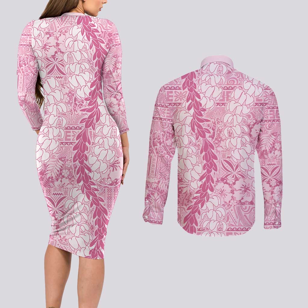 Pink Puakenikeni and Maile Lei Couples Matching Long Sleeve Bodycon Dress and Long Sleeve Button Shirt Hawaiian Style Tribal Tapa Double Strand Lei