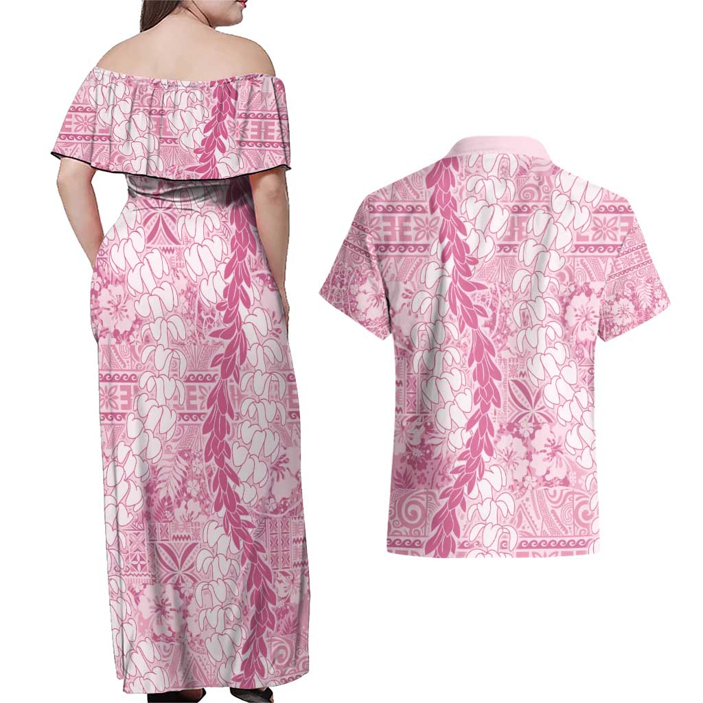 Pink Puakenikeni and Maile Lei Couples Matching Off Shoulder Maxi Dress and Hawaiian Shirt Hawaiian Style Tribal Tapa Double Strand Lei