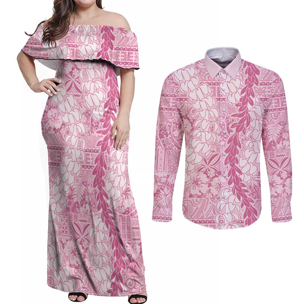 Pink Puakenikeni and Maile Lei Couples Matching Off Shoulder Maxi Dress and Long Sleeve Button Shirt Hawaiian Style Tribal Tapa Double Strand Lei