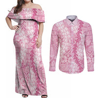 Pink Puakenikeni and Maile Lei Couples Matching Off Shoulder Maxi Dress and Long Sleeve Button Shirt Hawaiian Style Tribal Tapa Double Strand Lei