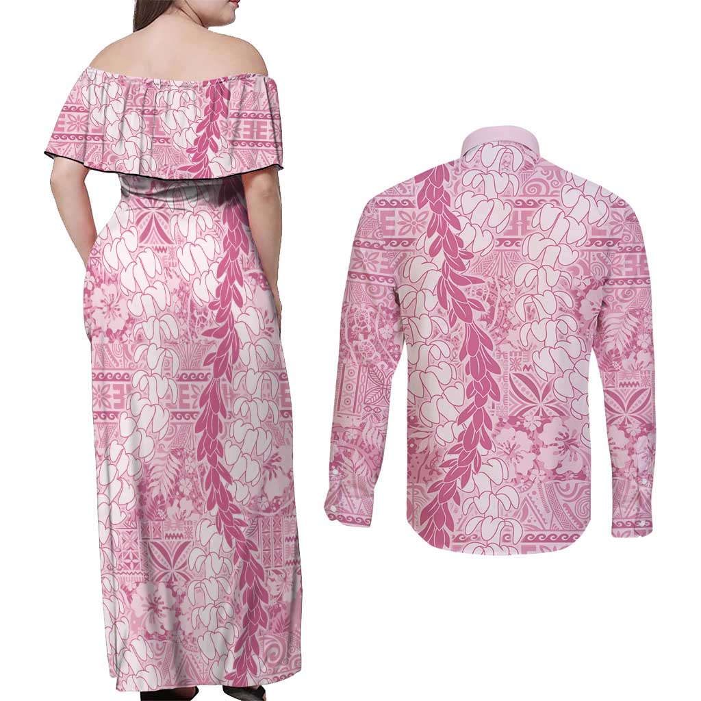Pink Puakenikeni and Maile Lei Couples Matching Off Shoulder Maxi Dress and Long Sleeve Button Shirt Hawaiian Style Tribal Tapa Double Strand Lei